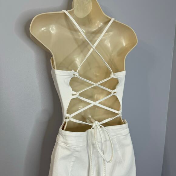 Good American Vacay Denim Jumpsuit Wide Leg Lace up BackTie Back White Sz 2 - Picture 8 of 12